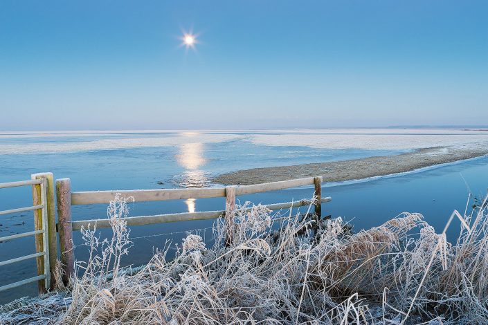 Lauwersmeer Nationaal Park in de winter met een volle maan die het landschap verlicht