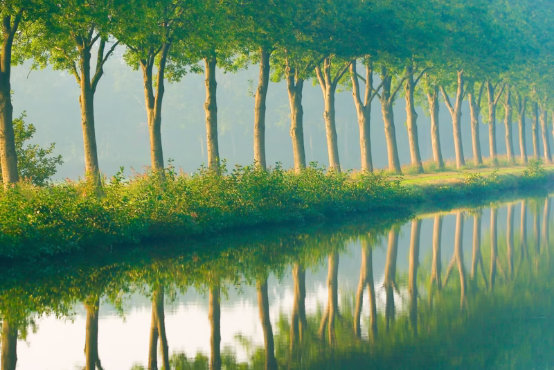 Een lente landschap van de Smildervaart in Drenthe met mist en mooi ochtendlicht