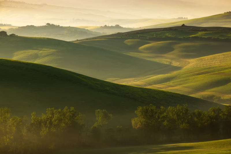 Heuvellandschap in Toscane, Italie met groene velden en mist