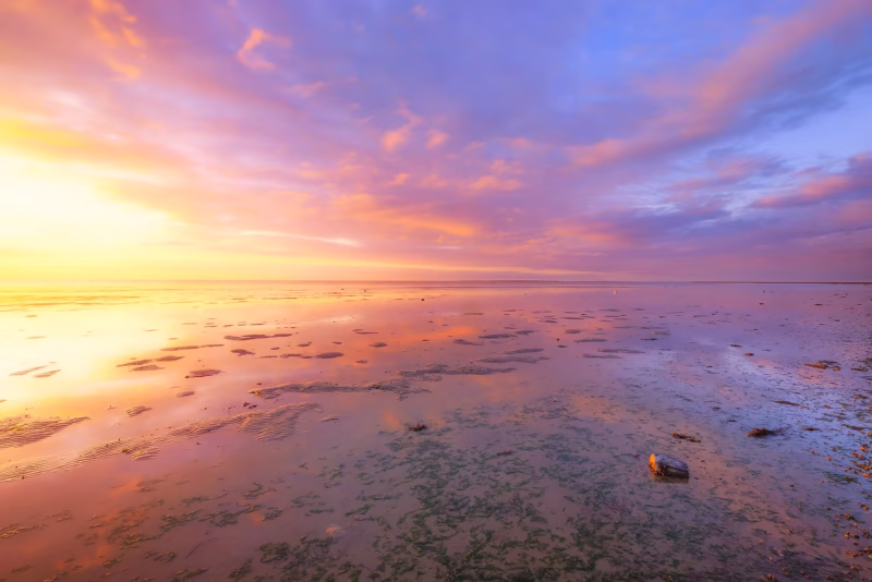 Prachtig licht tijdens de zonsondergang met avondrood op de Waddenzee