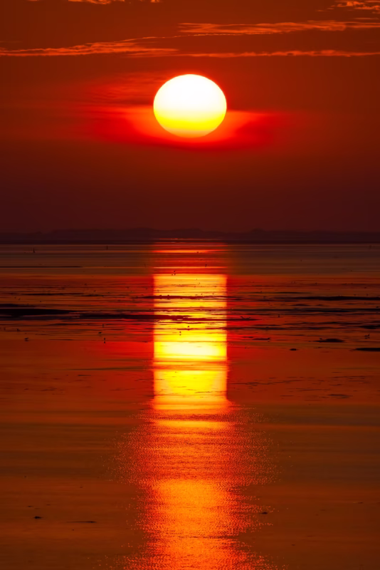 Een sfeervolle zonsondergang op de Waddenzee met een mooie felle zon